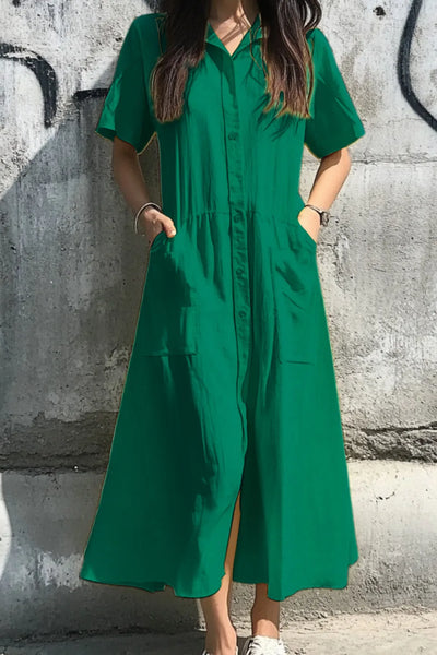 Button Front Short Sleeve Midi Dress