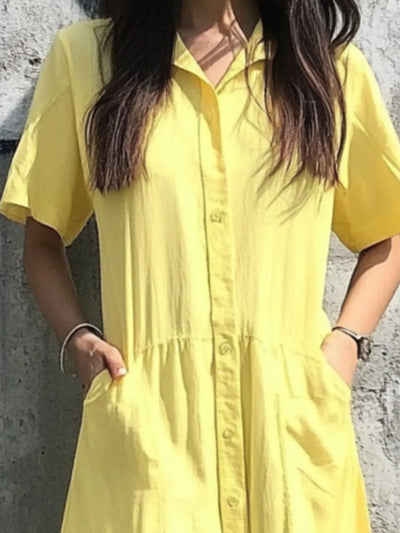Button Front Short Sleeve Midi Dress