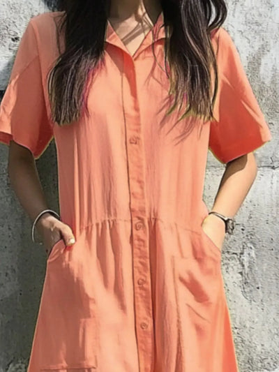Button Front Short Sleeve Midi Dress