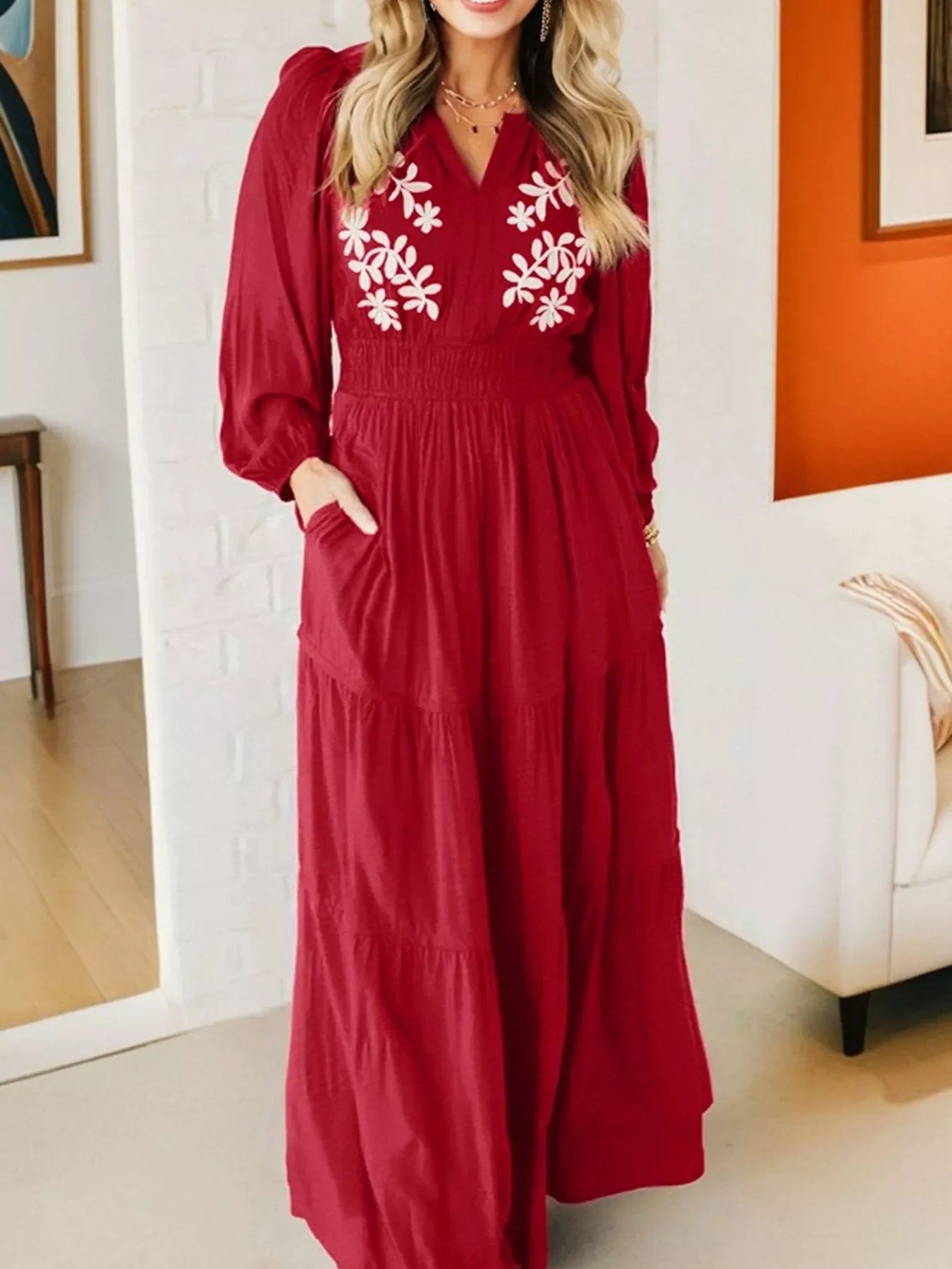 Contrast Embroidered Detail Cinched Waist Tiered Long