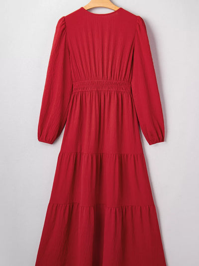 Contrast Embroidered Detail Cinched Waist Tiered Long