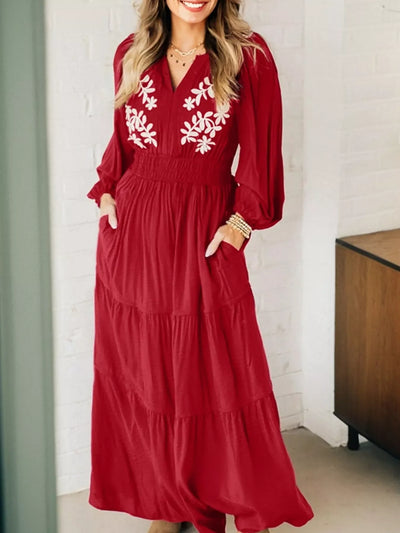 Contrast Embroidered Detail Cinched Waist Tiered Long