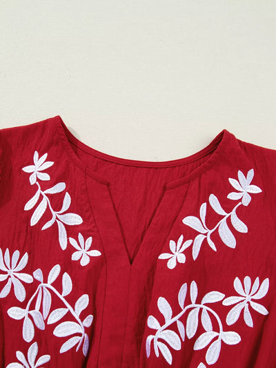 Contrast Embroidered Detail Cinched Waist Tiered Long