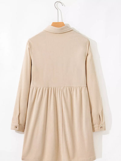 Corduroy Half Button Collared Long Sleeve Mini Dress