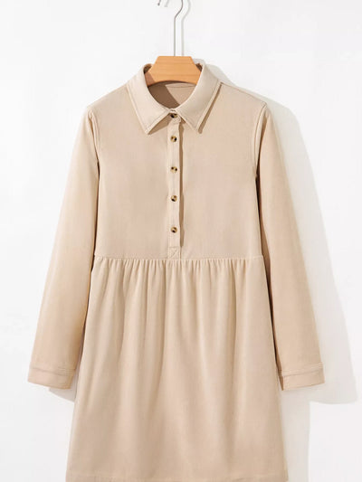 Corduroy Half Button Collared Long Sleeve Mini Dress