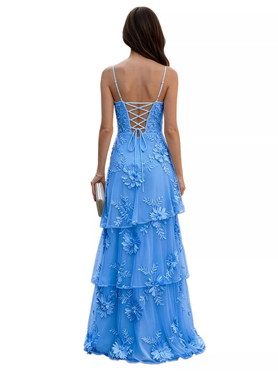 Floral Applique Tiered Maxi Dress with Lace Up Detail