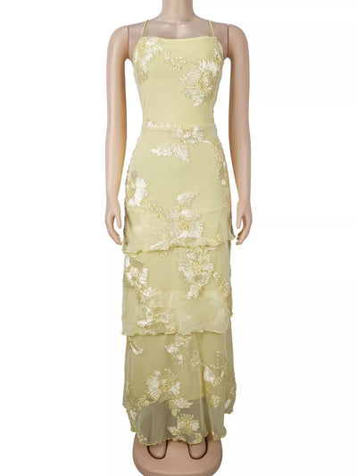 Floral Applique Tiered Maxi Dress with Lace Up Detail