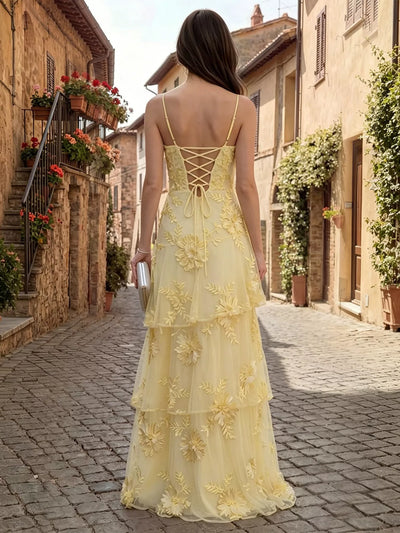 Floral Applique Tiered Maxi Dress with Lace Up Detail