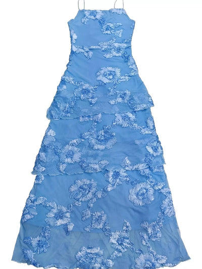 Floral Applique Tiered Maxi Dress with Lace Up Detail