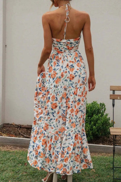 Floral Halter Neck Tiered Maxi Dress