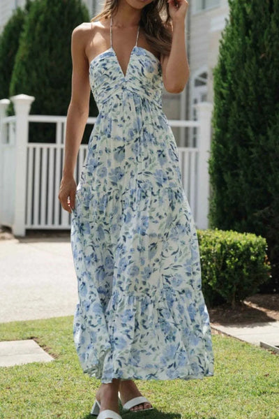 Floral Halter Neck Tiered Maxi Dress