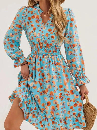 Floral Print Flounce Sleeve Ruffle Hem Dress