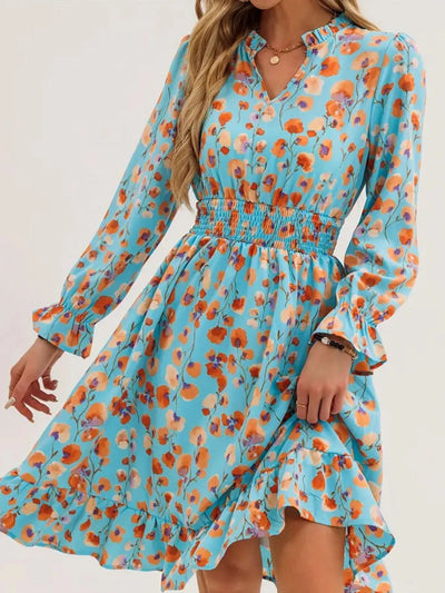 Floral Print Flounce Sleeve Ruffle Hem Dress