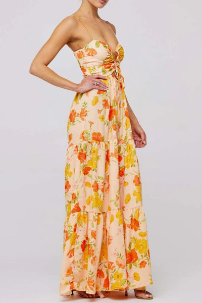 Floral Print Tie Front Tiered Maxi Dress
