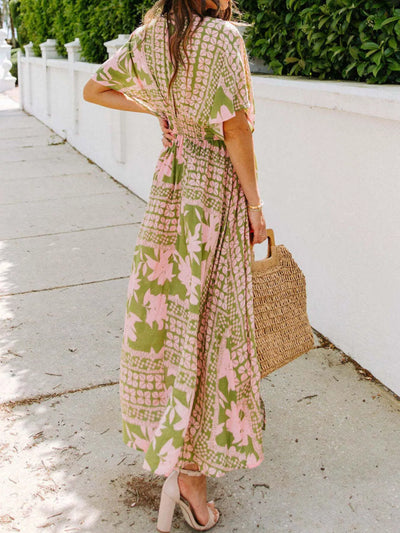 Floral Print V-Neck High Slit Maxi Dress