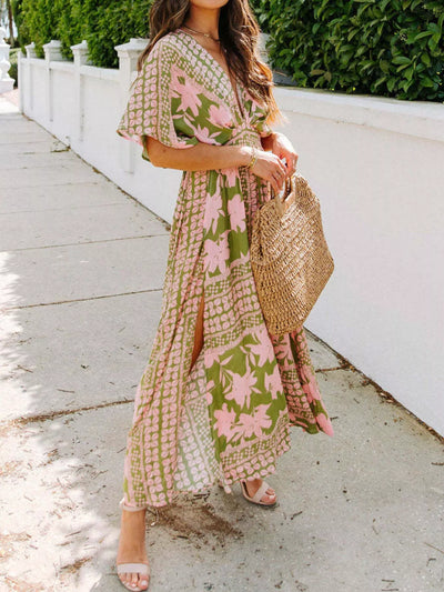 Floral Print V-Neck High Slit Maxi Dress