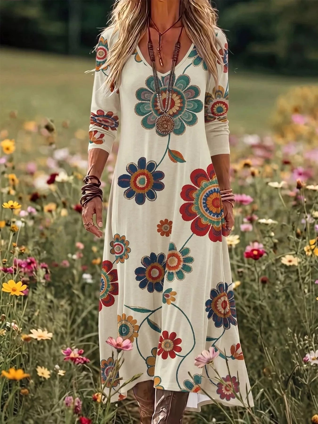 Floral Print V-Neck Long Sleeve Maxi Dress