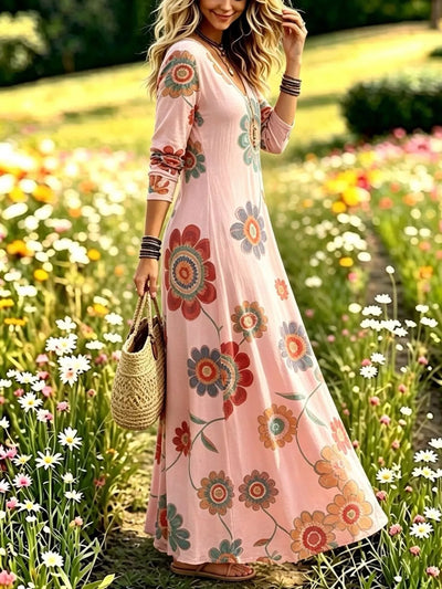 Floral Print V-Neck Long Sleeve Maxi Dress