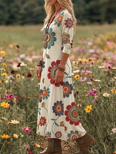 Floral Print V-Neck Long Sleeve Maxi Dress