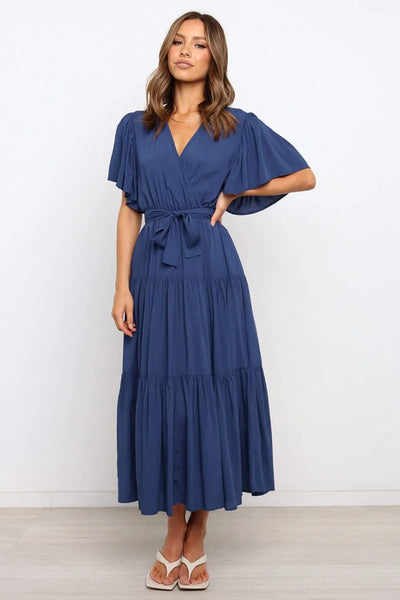 Front Tie Short Sleeve Tiered Midi Dress