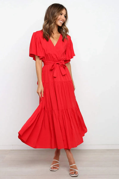 Front Tie Short Sleeve Tiered Midi Dress