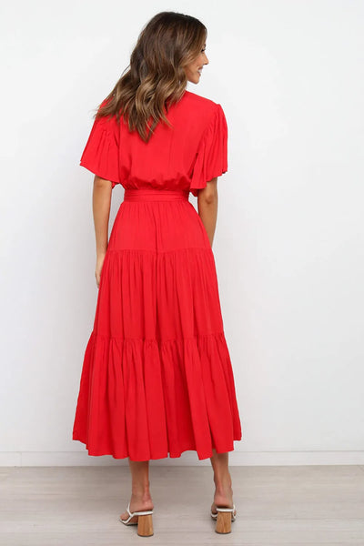 Front Tie Short Sleeve Tiered Midi Dress
