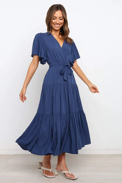 Front Tie Short Sleeve Tiered Midi Dress