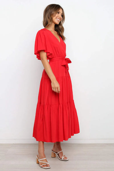 Front Tie Short Sleeve Tiered Midi Dress