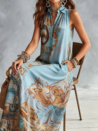 Full Size Bohemian Sleeveless Printed Maxi Shirt Dress Plus