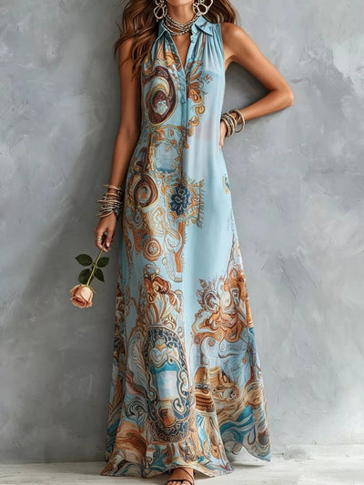 Full Size Bohemian Sleeveless Printed Maxi Shirt Dress Plus