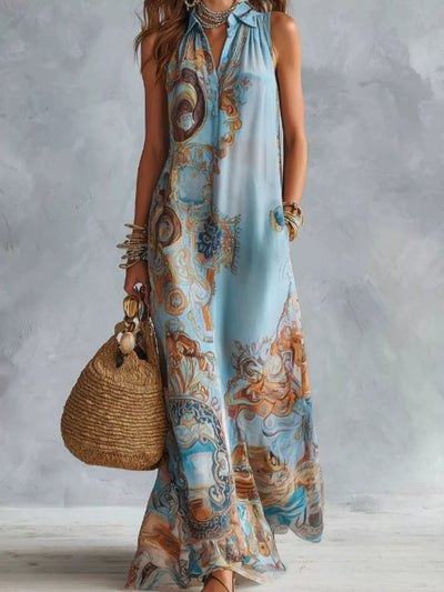 Full Size Bohemian Sleeveless Printed Maxi Shirt Dress Plus