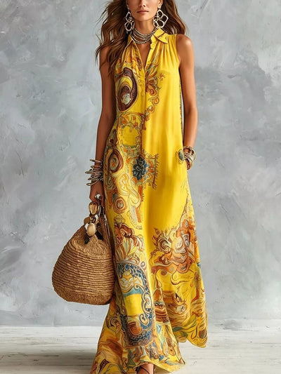 Full Size Bohemian Sleeveless Printed Maxi Shirt Dress Plus