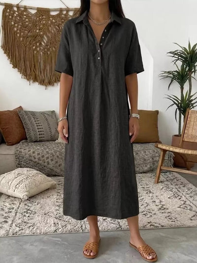 Full Size Button Detail Short Sleeve Midi Shirt Dress Plus