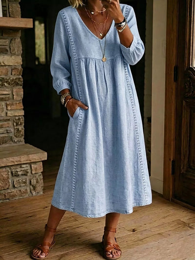 Full Size Lace Trim Long Sleeve Midi Dress Plus Size