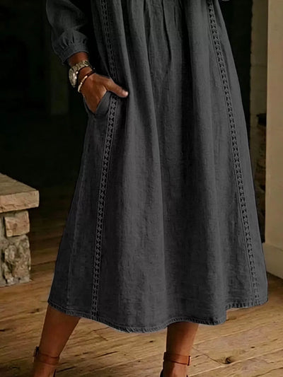 Full Size Lace Trim Long Sleeve Midi Dress Plus Size