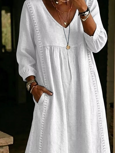 Full Size Lace Trim Long Sleeve Midi Dress Plus Size