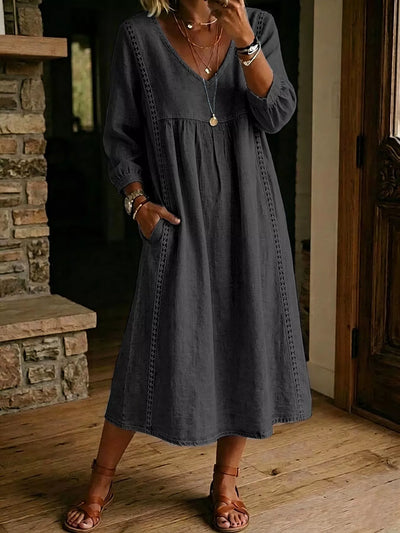 Full Size Lace Trim Long Sleeve Midi Dress Plus Size