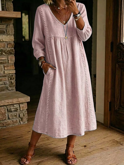 Full Size Lace Trim Long Sleeve Midi Dress Plus Size