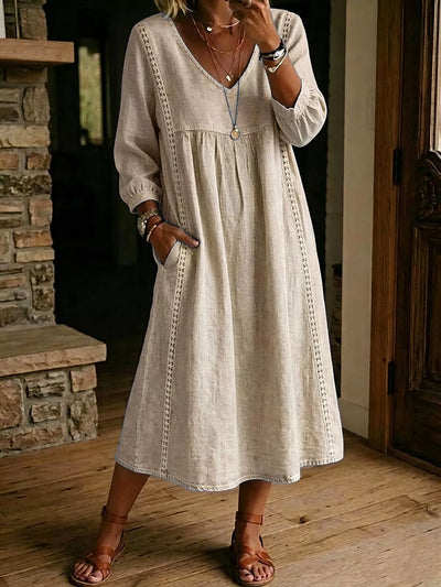 Full Size Lace Trim Long Sleeve Midi Dress Plus Size