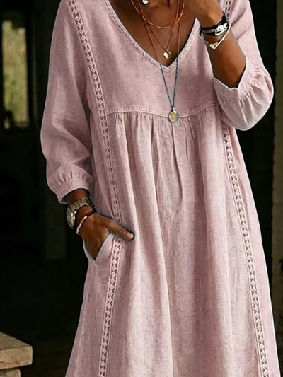 Full Size Lace Trim Long Sleeve Midi Dress Plus Size