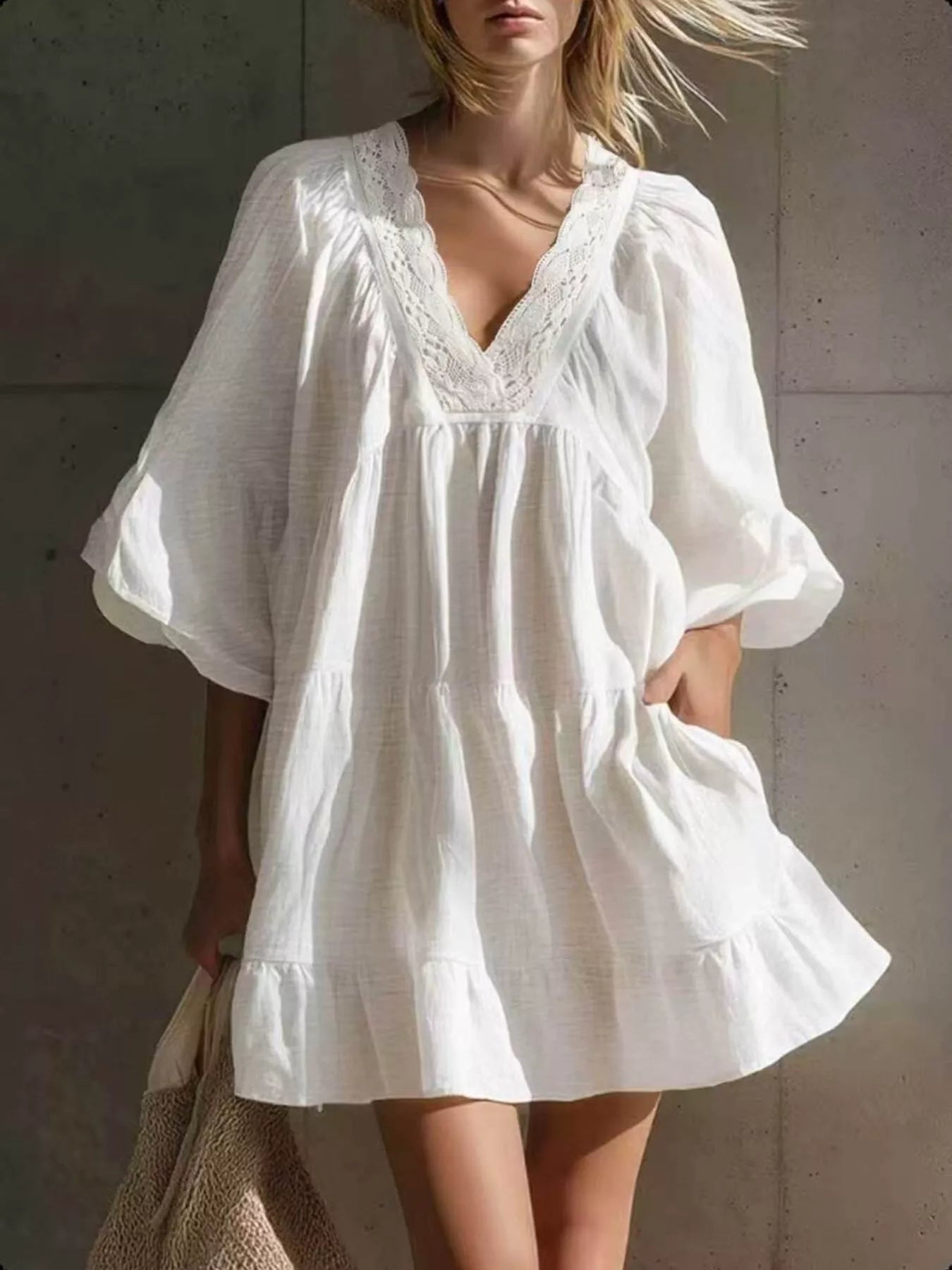 Full Size Lace Trim Puff Sleeve Mini Dress Plus Size