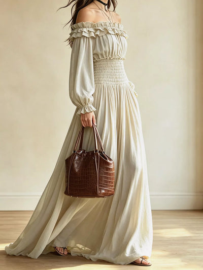 Full Size Off-Shoulder Ruffled Maxi Dress with Smocked