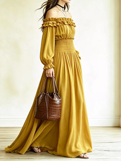 Full Size Off-Shoulder Ruffled Maxi Dress with Smocked
