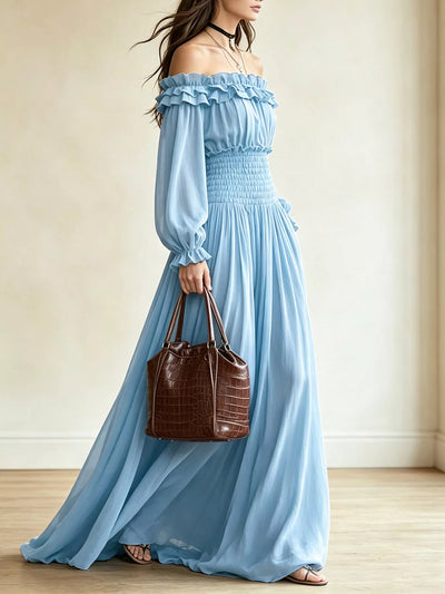 Full Size Off-Shoulder Ruffled Maxi Dress with Smocked