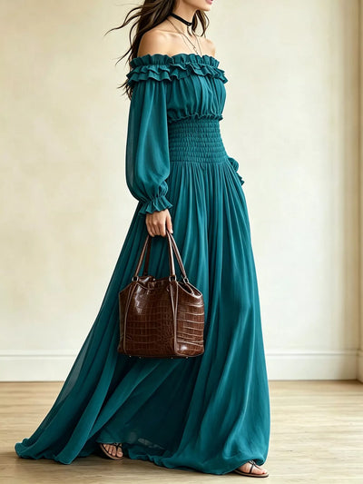Full Size Off-Shoulder Ruffled Maxi Dress with Smocked