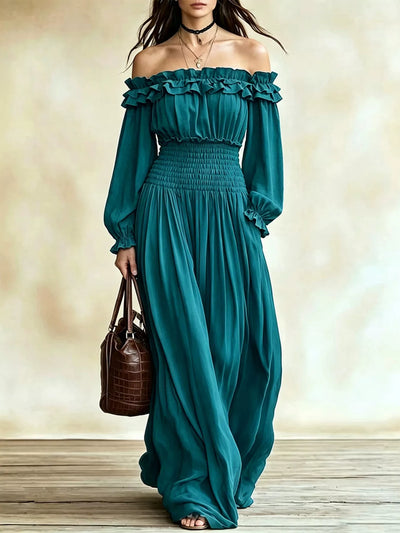Full Size Off-Shoulder Ruffled Maxi Dress with Smocked