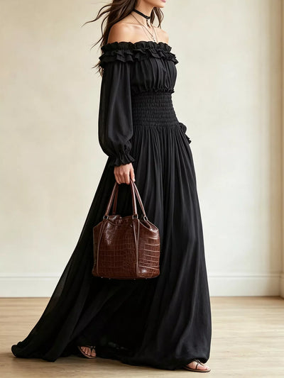 Full Size Off-Shoulder Ruffled Maxi Dress with Smocked