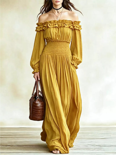 Full Size Off-Shoulder Ruffled Maxi Dress with Smocked
