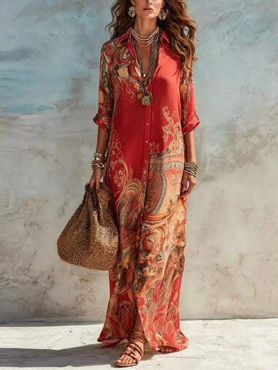 Full Size Printed Button-Down Maxi Shirt Dress Plus Size