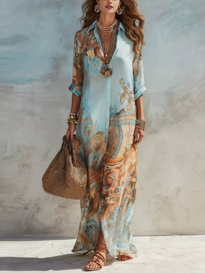Full Size Printed Button-Down Maxi Shirt Dress Plus Size